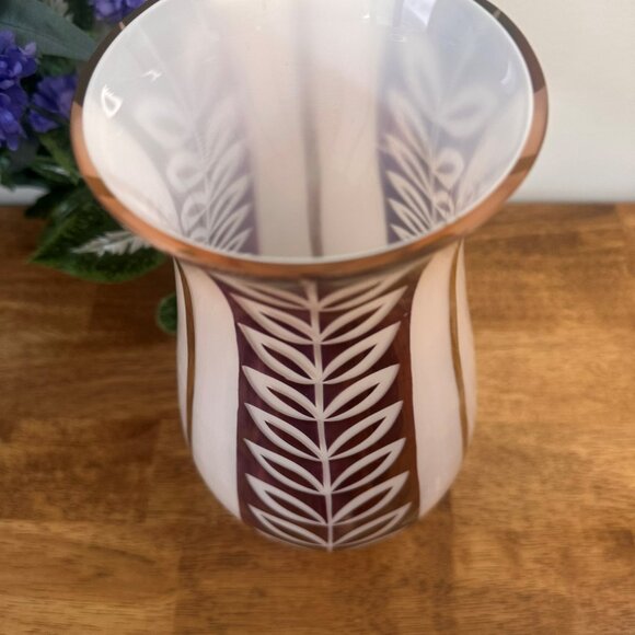 Vintage Plum and White Cased Cut Glass Vase Gold Trim Bohemian Style Leaf Motif - Picture 3 of 5